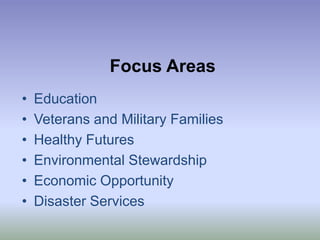 Focus AreasEducationVeterans and Military FamiliesHealthy FuturesEnvironmental StewardshipEconomic OpportunityDisaster Services