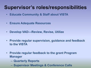 Supervisor’s roles/responsibilitiesEducate Community & Staff about VISTAEnsure Adequate ResourcesDevelop VAD—Review, Revise, UtilizeProvide regular supervision, guidance and feedback to the VISTAProvide regular feedback to the grant Program Manager Quarterly ReportsSupervisor Meetings & Conference Calls 