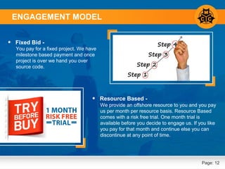 Page: 12
ENGAGEMENT MODEL
• Fixed Bid -
• Resource Based -
You pay for a fixed project. We have
milestone based payment and once
project is over we hand you over
source code.
We provide an offshore resource to you and you pay
us per month per resource basis. Resource Based
comes with a risk free trial. One month trial is
available before you decide to engage us. If you like
you pay for that month and continue else you can
discontinue at any point of time.
 