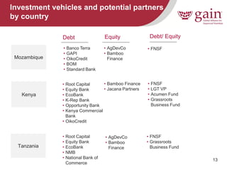 13 
Investment vehicles and potential partners by country 
Debt 
•AgDevCo 
•Bamboo Finance 
Mozambique 
•Banco Terra 
•GAPI 
•OikoCredit 
•BOM 
•Standard Bank 
Kenya 
Tanzania 
Equity 
Debt/ Equity 
•FNSF 
•FNSF 
•LGT VP 
•Acumen Fund 
•Grassroots Business Fund 
•FNSF 
•Grassroots Business Fund 
•AgDevCo 
•Bamboo Finance 
•Root Capital 
•Equity Bank 
•EcoBank 
•NMB 
•National Bank of Commerce 
•Root Capital 
•Equity Bank 
•EcoBank 
•K-Rep Bank 
•Opportunity Bank 
•Kenya Commercial Bank 
•OikoCredit 
•Bamboo Finance 
•Jacana Partners  