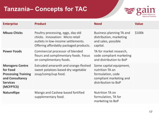 17 
Tanzania– Concepts for TAC 
Enterprise 
Product 
Need 
Value 
Mkuza Chicks 
Poultry processing, eggs, day old chicks. Innovation: Micro retail outlets in low-income settlements. Offering affordably packaged products. 
Business planning TA and distribution, marketing and sales, possible capital. 
$100k 
Power Foods 
Commercial processor of blended flours and complimentary foods. Focus on complimentary foods. 
TA for market research, code compliant marketing and distribution to BoP 
Morogoro Centre for Food Processing Training and Consultancy Services (MCFPTCS) 
Extruded amaranth and orange-fleshed sweet potatoes based dry vegetable soup/comp/sup food. 
Some capital equipment, nutrition TA on formulation, code compliant marketing and distribution to BoP 
NatureRipe 
Mango and Cashew based fortified supplementary food. 
Nutrition TA on formulation, TA for marketing to BoP  