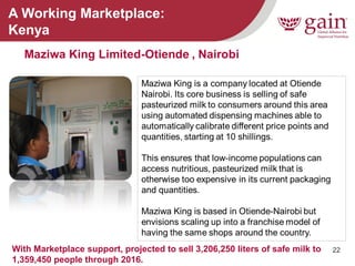 22 
A Working Marketplace: Kenya 
With Marketplace support, projected to sell 3,206,250 liters of safe milk to 1,359,450 people through 2016.  