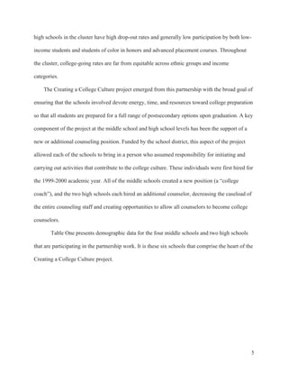 5
high schools in the cluster have high drop-out rates and generally low participation by both low-
income students and students of color in honors and advanced placement courses. Throughout
the cluster, college-going rates are far from equitable across ethnic groups and income
categories.
The Creating a College Culture project emerged from this partnership with the broad goal of
ensuring that the schools involved devote energy, time, and resources toward college preparation
so that all students are prepared for a full range of postsecondary options upon graduation. A key
component of the project at the middle school and high school levels has been the support of a
new or additional counseling position. Funded by the school district, this aspect of the project
allowed each of the schools to bring in a person who assumed responsibility for initiating and
carrying out activities that contribute to the college culture. These individuals were first hired for
the 1999-2000 academic year. All of the middle schools created a new position (a “college
coach”), and the two high schools each hired an additional counselor, decreasing the caseload of
the entire counseling staff and creating opportunities to allow all counselors to become college
counselors.
Table One presents demographic data for the four middle schools and two high schools
that are participating in the partnership work. It is these six schools that comprise the heart of the
Creating a College Culture project.
 