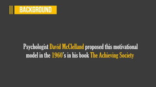 Psychologist David McClelland proposed this motivational
model in the 1960’s in his book The Achieving Society