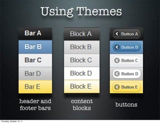 Using Themes




                    header and    content
                                            buttons
                    footer bars    blocks

Thursday, October 13, 11
 