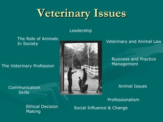 Veterinary Issues The Role of Animals In Society The Veterinary Profession Communication Skills Business and Practice Management Veterinary and Animal Law Ethical Decision Making Animal Issues Professionalism Leadership Social Influence & Change 