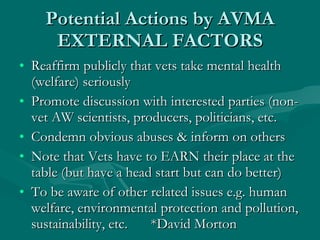 Potential Actions by AVMA EXTERNAL FACTORS Reaffirm publicly that vets take mental health (welfare) seriously Promote discussion with interested parties (non-vet AW scientists, producers, politicians, etc. Condemn obvious abuses & inform on others Note that Vets have to EARN their place at the table (but have a head start but can do better) To be aware of other related issues e.g. human welfare, environmental protection and pollution, sustainability, etc.  *David Morton 