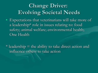 Change Driver:  Evolving Societal Needs Expectations that veterinarians will take more of a leadership* role in issues relating to: food safety; animal welfare; environmental health; One Health * leadership = the ability to take direct action and influence others to take action 