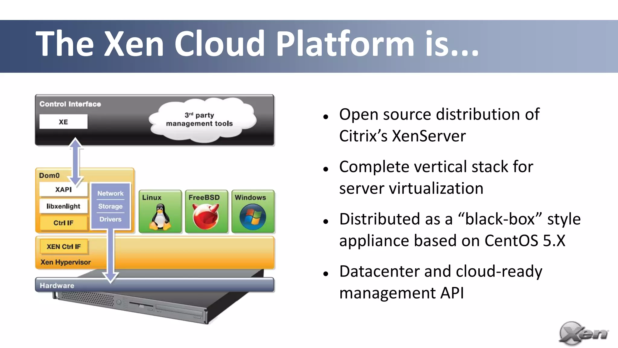 The Xen Cloud Platform is...
                     Open source distribution of
                      Citrix’s XenServer
                     Complete vertical stack for
                      server virtualization
                     Distributed as a “black-box” style
                      appliance based on CentOS 5.X
                     Datacenter and cloud-ready
                      management API
 