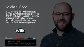A community first technologist for
Kasten by Veeam Software. Based in
the UK with over 16 years of industry
experience with a key focus on
technologies such as cloud native,
automation & data management.
@MichaelCade1
Michael Cade
 