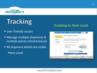 29
Tracking to Item Level
 User friendly access
 Manage multiple shipments &
multiple pieces simultaneously
 All shipment details are visible
Item Level
 