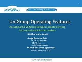 3
Accessing the UniGroup Network expands services
into second and third tier markets
 600 Domestic Agents
 Large Resource Pool
• 6,500 van operators
• 10,000 vans
• 4,484 straight trucks
 Common Service Agreement
• Binds rates and services
 