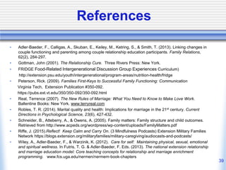 References
• Adler‐Baeder, F., Calligas, A., Skuban, E., Keiley, M., Ketring, S., & Smith, T. (2013). Linking changes in
c...