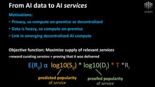 From AI data to AI services
Motivations:
• Privacy, so compute on-premise or decentralized
• Data is heavy, so compute on-premise
• Link in emerging decentralized AI compute
Objective function: Maximize supply of relevant services
=reward curating services + proving that it was delivered
E(Rij) α log10(Sij) * log10(Dj) * T *Ri
proofed popularity
of service
predicted popularity
of service
 