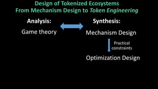 Design of Tokenized Ecosystems
From Mechanism Design to Token Engineering
Analysis: Synthesis:
Game theory Mechanism Design
Optimization Design
Practical
constraints
 