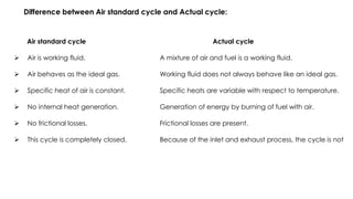 Difference between Air standard cycle and Actual cycle:
Air standard cycle Actual cycle
 Air is working fluid. A mixture of air and fuel is a working fluid.
 Air behaves as the ideal gas. Working fluid does not always behave like an ideal gas.
 Specific heat of air is constant. Specific heats are variable with respect to temperature.
 No internal heat generation. Generation of energy by burning of fuel with air.
 No frictional losses. Frictional losses are present.
 This cycle is completely closed. Because of the inlet and exhaust process, the cycle is not
 