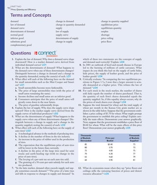 PARTTWO
Price, Quantity, and Efficiency
72
Terms and Concepts
demand
law of demand
demand curve
determinants of demand
normal good
inferior good
substitute good
complementary good
change in demand
change in quantity demanded
supply
law of supply
supply curve
determinants of supply
change in supply
change in quantity supplied
equilibrium price
equilibrium quantity
surplus
shortage
price ceiling
price floor
1. Explain the law of demand. Why does a demand curve slope
downward? How is a market demand curve derived from
individual demand curves? LO1
2. What are the determinants of demand? What happens to
the demand curve when any of these determinants changes?
Distinguish between a change in demand and a change in
the quantity demanded, noting the cause(s) of each. LO1
3. What effect will each of the following have on the demand
for small automobiles such as the Mini Cooper and Smart
car? LO1
a. Small automobiles become more fashionable.
b. The price of large automobiles rises (with the price of
small autos remaining the same).
c. Income declines and small autos are an inferior good.
d. Consumers anticipate that the price of small autos will
greatly come down in the near future.
e. The price of gasoline substantially drops.
4. Explain the law of supply. Why does the supply curve slope
upward? How is the market supply curve derived from the
supply curves of individual producers? LO2
5. What are the determinants of supply? What happens to the
supply curve when any of these determinants changes? Dis-
tinguish between a change in supply and a change in the
quantity supplied, noting the cause(s) of each. LO2
6. What effect will each of the following have on the supply of
auto tires? LO2
a. A technological advance in the methods of producing tires.
b. A decline in the number of firms in the tire industry.
c. An increase in the price of rubber used in the production
of tires.
d. The expectation that the equilibrium price of auto tires
will be lower in the future than currently.
e. A decline in the price of the large tires used for semi
trucks and earth-hauling rigs (with no change in the
price of auto tires).
f. The levying of a per-unit tax on each auto tire sold.
g. The granting of a 50-cent-per-unit subsidy for each auto
tire produced.
7. “In the latte market, demand often exceeds supply and sup-
ply sometimes exceeds demand.” “The price of a latte rises
and falls in response to changes in supply and demand.” In
which of these two statements are the concepts of supply
and demand used correctly? Explain. LO4
8. In 2001 an outbreak of hoof-and-mouth disease in Europe
led to the burning of millions of cattle carcasses. What
impact do you think this had on the supply of cattle hides,
hide prices, the supply of leather goods, and the price of
leather goods? LO4
9. Critically evaluate: “In comparing the two equilibrium po-
sitions in Figure 3.7a, I note that a larger amount is actu-
ally demanded at a higher price. This refutes the law of
demand.” LO4
10. For each stock in the stock market, the number of shares
sold daily equals the number of shares purchased. That is,
the quantity of each firm’s shares demanded equals the
quantity supplied. So, if this equality always occurs, why do
the prices of stock shares ever change? LO4
11. Suppose the total demand for wheat and the total supply of
wheat per month in the Kansas City grain market are as
shown in the table below. Suppose that the government estab-
lishes a price ceiling of $3.70 for wheat. What might prompt
the government to establish this price ceiling? Explain care-
fully the main effects. Demonstrate your answer graphically.
Next, suppose that the government establishes a price floor of
$4.60 for wheat. What will be the main effects of this price
floor? Demonstrate your answer graphically. LO5
Questions
Thousands Thousands
of Bushels Price per of Bushels
Demanded Bushel Supplied
85 $3.40 72
80 3.70 73
75 4.00 75
70 4.30 77
65 4.60 79
60 4.90 81
12. What do economists mean when they say “price floors and
ceilings stifle the rationing function of prices and distort
resource allocation”? LO5
mcc11463_ch03_051-074.indd Page 72 11/28/11 9:10 AM user-f462mcc11463_ch03_051-074.indd Page 72 11/28/11 9:10 AM user-f462 /Volumes/201/MHBR251/mcc11463_disk1of1/0073511463/mcc11463_pagefiles/Volumes/201/MHBR251/mcc11463_disk1of1/0073511463/mcc11463_pagefiles
 