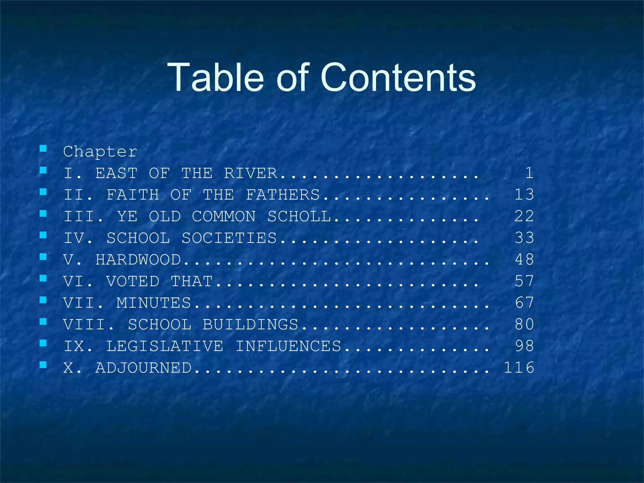 Table of Contents
   Chapter
   I. EAST OF THE RIVER...................    1
   II. FAITH OF THE FATHERS................ 13
   III. YE OLD COMMON SCHOLL..............   22
   IV. SCHOOL SOCIETIES...................   33
   V. HARDWOOD............................. 48
   VI. VOTED THAT.........................   57
   VII. MINUTES............................ 67
   VIII. SCHOOL BUILDINGS.................. 80
   IX. LEGISLATIVE INFLUENCES.............. 98
   X. ADJOURNED............................ 116
 