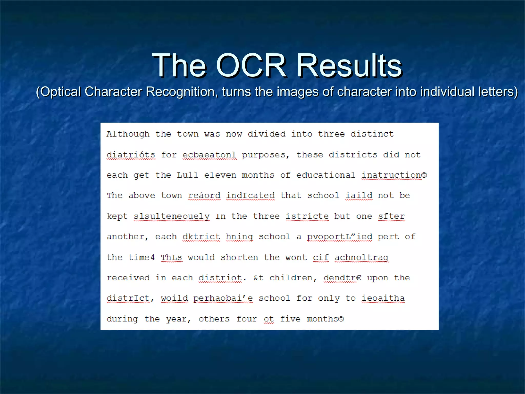 The OCR Results
(Optical Character Recognition, turns the images of character into individual letters)
 