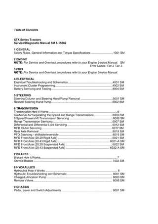 Table of Contents
XTX Series Tractors
Service/Diagnostic Manual SM 8-15002
1 GENERAL
Safety Rules, General Information and Torque Specifications ............................1001 SM
2 ENGINE
NOTE: For Service and Overhaul procedures refer to your Engine Service Manual. SM
Error Codes: Tier 2 Tier 3
3 FUEL
NOTE: For Service and Overhaul procedures refer to your Engine Service Manual.
4 ELECTRICAL
Electrical Troubleshooting and Schematics.........................................................4001 SM
Instrument Cluster Programming.........................................................................4002 SM
Battery Servicing and Testing..............................................................................4004 SM
5 STEERING
Steering Column and Steering Hand Pump Removal .........................................5001 SM
Rexroth Steering Hand Pump..............................................................................5002 SM
6 TRANSMISSION
Transmission How it Works .......................................................................................6
Guidelines for Separating the Speed and Range Transmissions .......................6003 SM
8 Speed Powershift Transmission Servicing .......................................................6006 SM
Range Transmission Servicing ...........................................................................6007 SM
Differential and Differential Lock Servicing .........................................................6012 SM
MFD Clutch Servicing .........................................................................................6017 SM
Rear Axle Removal .............................................................................................6018 SM
PTO Servicing - shiftable/reversible ....................................................................6019 SM
MFD Front Axle (20.29 Rigid Axle) .....................................................................6021 SM
MFD Front Axle (20.43 Rigid Axle) ................................................................. 6021-A SM
MFD Front Axle (20.29 Suspended Axle) ...........................................................6022 SM
MFD Front Axle (20.43 Suspended Axle) ....................................................... 6022-A SM
7 BRAKES
Brakes How it Works................................................................................................. 7
Service Brakes ................................................................................................... 7002 SM
8 HYDRAULICS
Hydraulics How it Works ........................................................................................... 8
Hydraulic Troubleshooting and Schematic ......................................................... 8001 SM
Charge/Lubrication Pump ................................................................................... 8003 SM
Remote Valves.................................................................................................... 8008 SM
9 CHASSIS
Pedal, Lever and Switch Adjustments ................................................................ 9001 SM
 