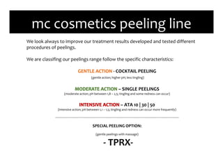 We look always to improve our treatment results developed and tested different
procedures of peelings.
We are classifing our peelings range follow the specific characteristics:
- COCKTAIL PEELING
(gentle action; higher pH; less tingling)
– SINGLE PEELINGS
(moderate action; pH between 1,8 – 2,5; tingling and some redness can occur)
– ATA 10 | 30 | 50
(intensive action; pH between 1,1 – 1,5; tingling and redness can occur more frequently)
--------------------------------------------------------------------------------------------------------------------------------------------------------
SPECIAL PEELING OPTION:
(gentle peelings with massage)
- TPRX-
mc cosmetics peeling line
 