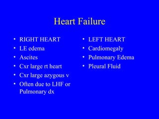 Heart Failure RIGHT HEART LE edema Ascites Cxr large rt heart Cxr large azygous v Often due to LHF or Pulmonary dx LEFT HEART Cardiomegaly Pulmonary Edema Pleural Fluid 