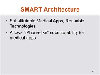 SMART Architecture
• Substitutable Medical Apps, Reusable
  Technologies
• Allows “iPhone-like” substitutability for
  med...