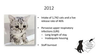 2012
• Intake of 1,742 cats and a live
release rate of 46%
• Pervasive upper respiratory
infections (URI)
‒ Long length of stay
‒ Inadequate housing
• Staff burnout
 