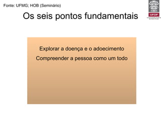 Os seis pontos fundamentais Explorar a doença e o adoecimento Compreender a pessoa como um todo Fonte: UFMG; HOB (Seminário) 