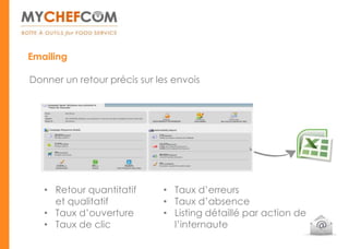 Emailing

Donner un retour précis sur les envois




   • Retour quantitatif      • Taux d’erreurs
     et qualitatif           • Taux d’absence
   • Taux d’ouverture        • Listing détaillé par action de
   • Taux de clic              l’internaute
 
