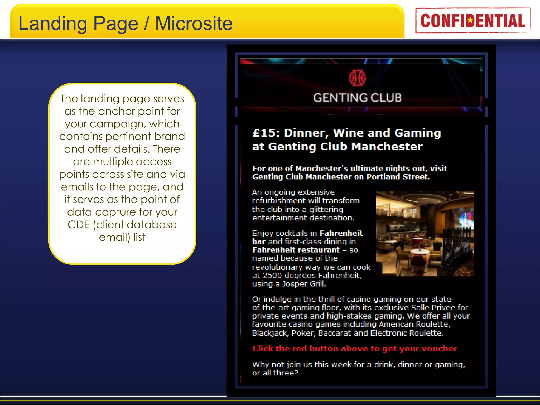 Landing Page / Microsite


    The landing page serves
     as the anchor point for
     your campaign, which
    contains pertinent brand
     and offer details. There
        are multiple access
    points across site and via
    emails to the page, and
     it serves as the point of
      data capture for your
      CDE (client database
             email) list
 
