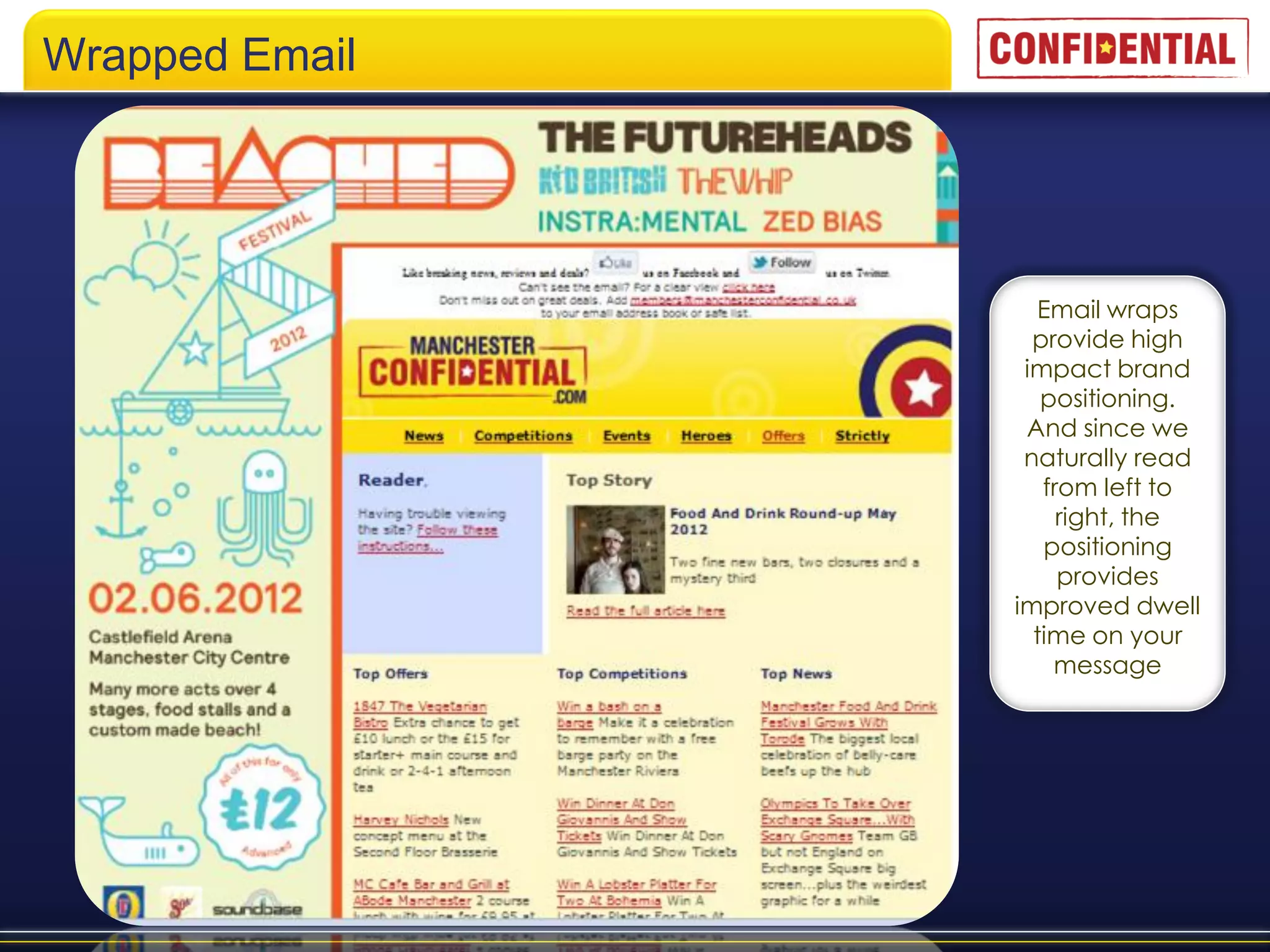 Wrapped Email




                  Email wraps
                  provide high
                 impact brand
                   positioning.
                 And since we
                 naturally read
                   from left to
                     right, the
                   positioning
                     provides
                improved dwell
                  time on your
                    message
 