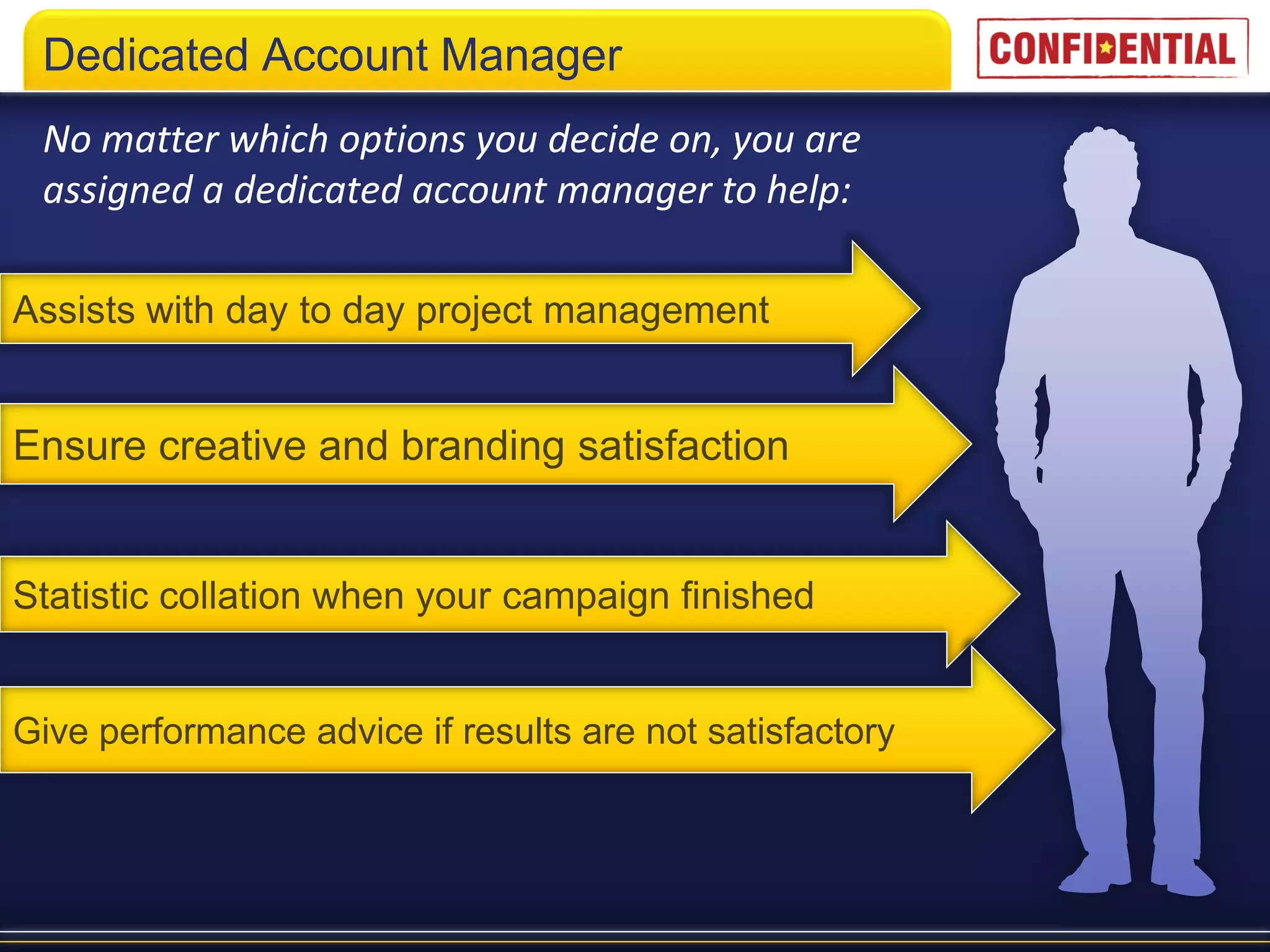 Dedicated Account Manager
 No matter which options you decide on, you are
 assigned a dedicated account manager to help:

Assists with day to day project management


Ensure creative and branding satisfaction


Statistic collation when your campaign finished


Give performance advice if results are not satisfactory
 