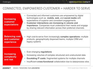 3© 2015 Copyright Genpact. All Rights Reserved.
CONNECTED, EMPOWERED CUSTOMER = HARDER TO SERVE
Challenges
Increasing
customer
expectations
 Connected and informed customers are empowered by digital
technologies such as mobile, web, and social media with
expectations of superior and consistent engagements
 Customer interactions are increasing in volume and
importance. Companies must understand their needs and engage
by sharing relevant information across their preferred channels
 Ever-changing regulations
 Increasing volumes of complex structured and unstructured data
 Escalating IT costs: fragmented systems for multiple channels
 Insufficient cross-functional collaboration due to data/process silos
 High cost-to-serve from increasingly complex operations: multiple
products, geographically dispersed teams, multiple CRM and
legacy systems
Balancing cost
and customer
experience
Increasing
complexity
and risk
 