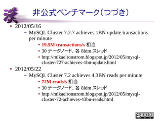 非公式ベンチマーク（つづき）
●

2012/05/16
–

MySQL Cluster 7.2.7 achieves 1BN update transactions
per minute
●
●
●

●

19.5M transactions/s 相当
30 データノード、各 8ldm スレッド
http://mikaelronstrom.blogspot.jp/2012/05/mysqlcluster-727-achieves-1bn-update.html

2012/05/22
–

MySQL Cluster 7.2 achieves 4.3BN reads per minute
●
●
●

72M reads/s 相当
30 データノード、各 8ldm スレッド
http://mikaelronstrom.blogspot.jp/2012/05/mysqlcluster-72-achieves-43bn-reads.html

 
