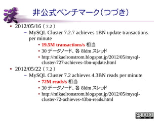 非公式ベンチマーク（つづき）
●

2012/05/16 （ 7.2 ）
–

MySQL Cluster 7.2.7 achieves 1BN update transactions
per minute

19.5M transactions/s 相当
● 30 データノード、各 8ldm スレッド
● http://mikaelronstrom.blogspot.jp/2012/05/mysqlcluster-727-achieves-1bn-update.html
2012/05/22 （ 7.2 ）
●

●

–

MySQL Cluster 7.2 achieves 4.3BN reads per minute
●
●
●

72M reads/s 相当
30 データノード、各 8ldm スレッド
http://mikaelronstrom.blogspot.jp/2012/05/mysqlcluster-72-achieves-43bn-reads.html

 