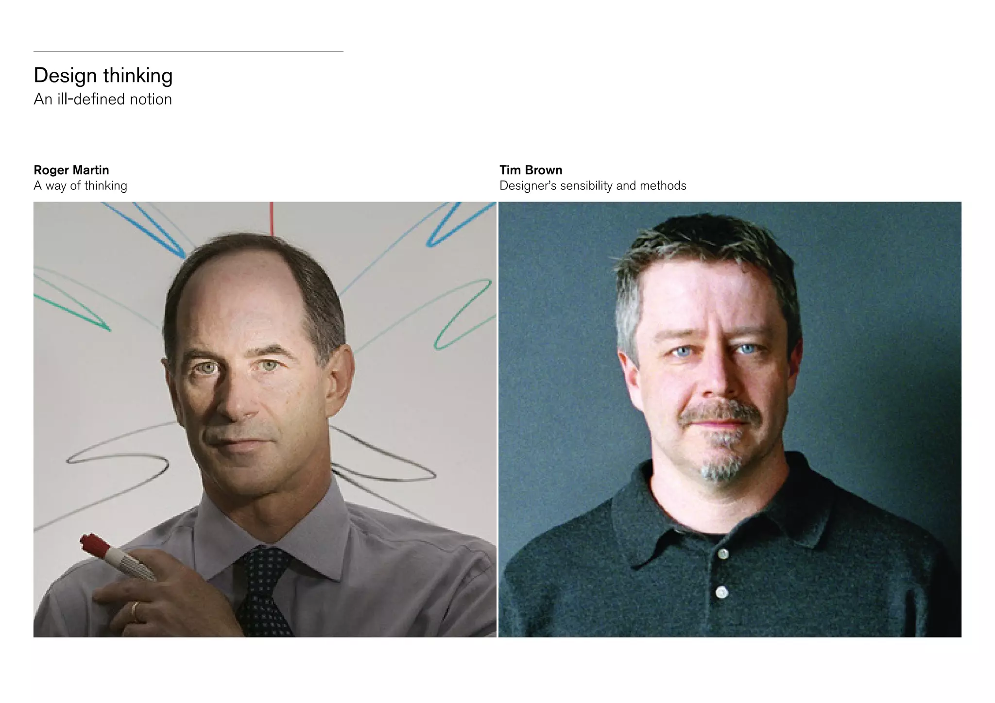 Design thinking
An ill-defined notion

Roger Martin
A way of thinking

Tim Brown
Designer’s sensibility and methods

 