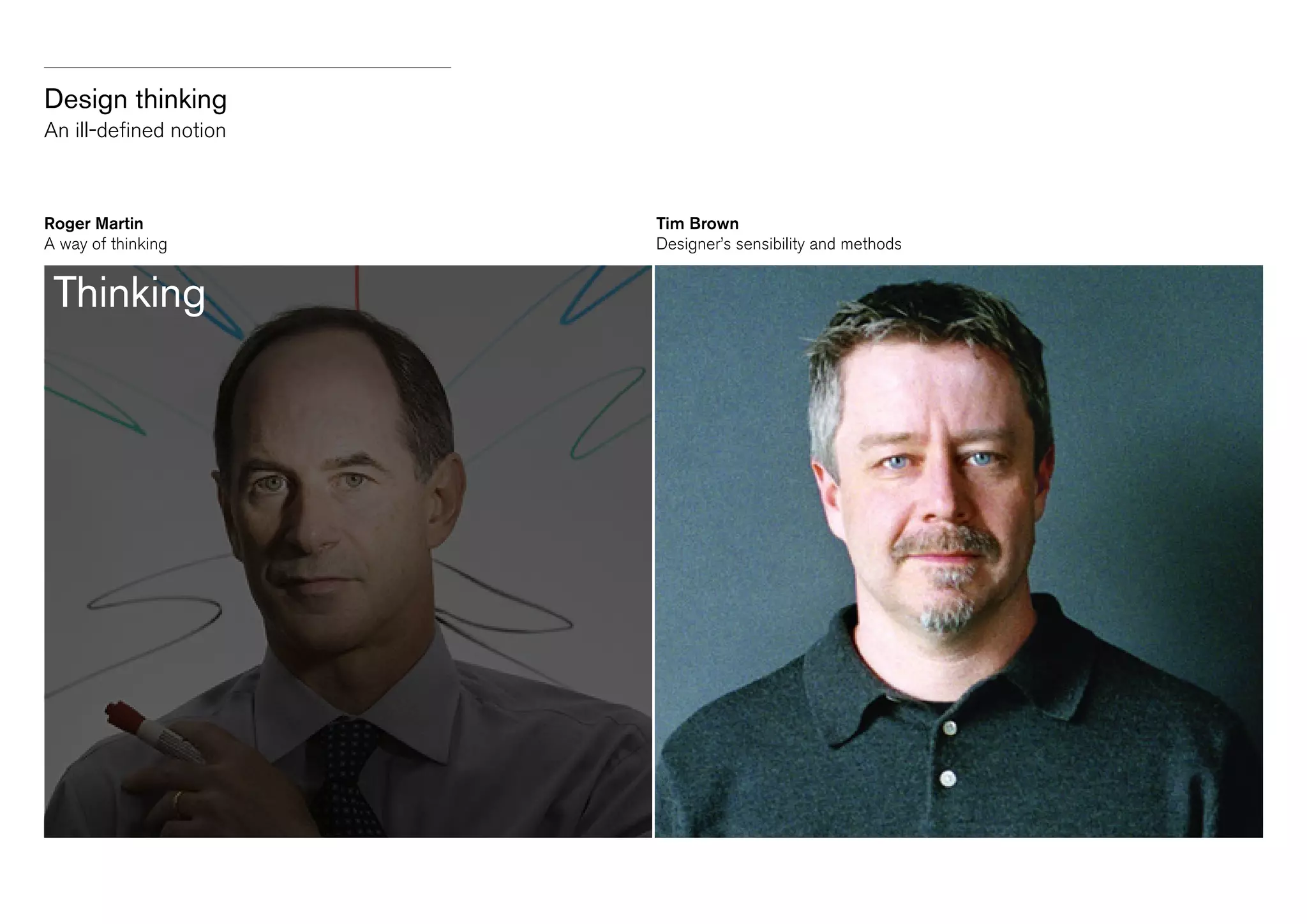 Design thinking
Title
An ill-defined
Sub-heading notion

Roger Martin
A way of thinking

Thinking
	

	

Tim Brown
Designer’s sensibility and methods

 