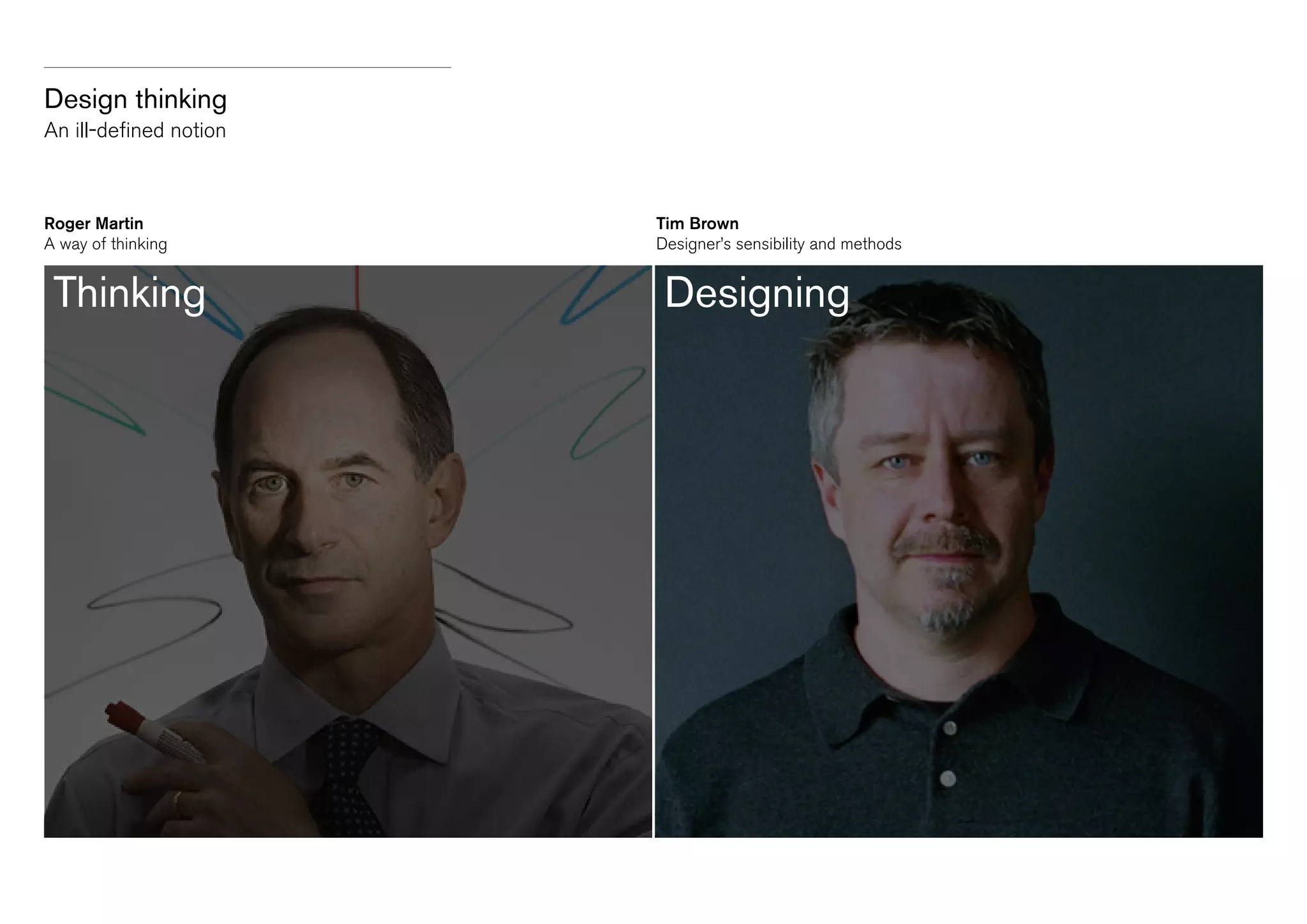 Design thinking
Title
An ill-defined
Sub-heading notion

Roger Martin
A way of thinking

Tim Brown
Designer’s sensibility and methods

Thinking

Designing

	

	

	

	

 
