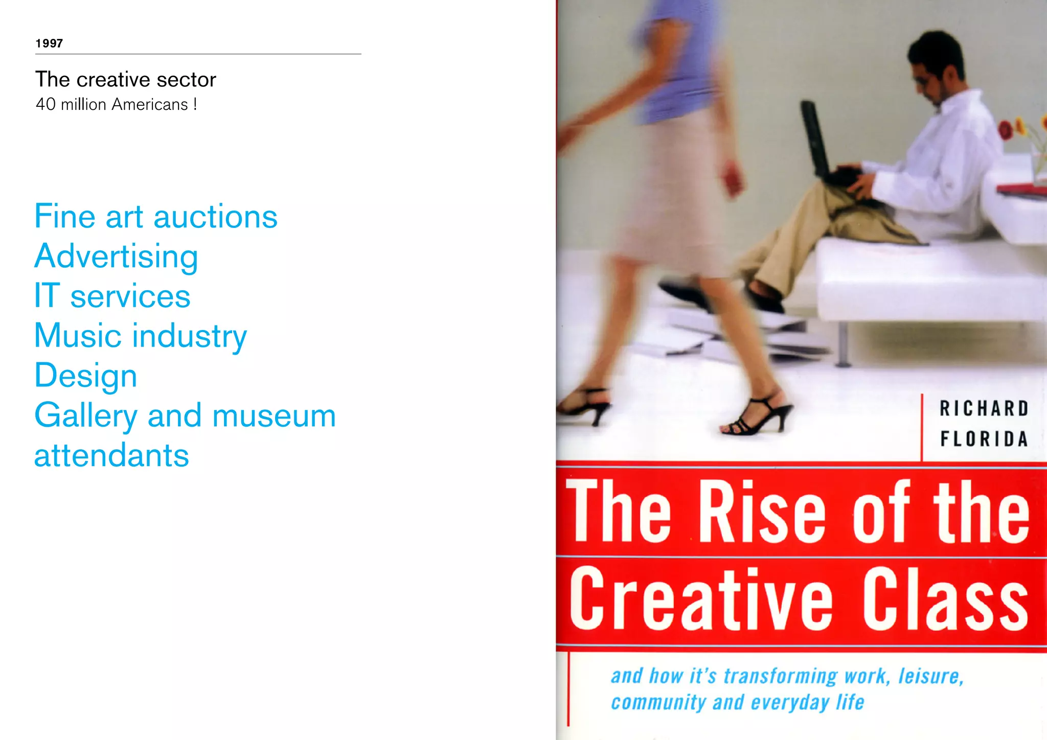 1997

The creative sector
40 million Americans !

Fine art auctions
Advertising
IT services
Music industry
Design
Gallery and museum
attendants

 