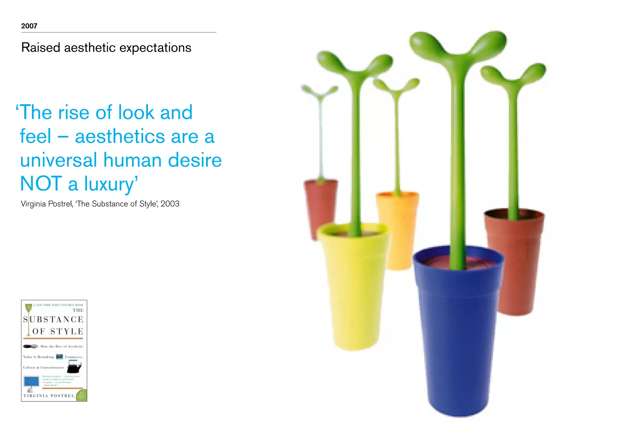 2007

Raised aesthetic expectations

‘ he rise of look and
T
feel – aesthetics are a
universal human desire
NOT a luxury’
	 Virginia Postrel, ‘The Substance of Style’, 2003

 