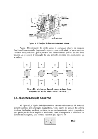Figura A -Princípio de funcionamento do motor.

       Agora, diferentemente do modo como o comutador atuava na máquina
funcionando como gerador (o comutador operava como retificador), ele opera como um
"inversor auto-controlado", pois a partir de uma tensão contínua aplicada por uma fonte
externa, dá-se origem à circulação de uma corrente alternada nos enrolamentos da
armadura.


               N                 N                 N                N




               S                 S                 S                S


               Figura 18 - Movimento da espira sob a ação da força
                  desenvolvida devido ao fluxo Φ e a corrente IA.


3.2 - EQUAÇÕES BÁSICAS DO MOTOR


       Na figura 19, a seguir, está representado o circuito equivalente de um motor de
corrente contínua com excitação independente. Como ocorre no gerador de corrente
contínua, é aplicada a tensão de excitação UE nos enrolamentos do campo, responsáveis
pela produção do fluxo magnético, resultando, como conseqüência, a circulação da
corrente de excitação IE. Esta corrente é definida pela equação 13.

                                              UE
                                       IE =                             (13)
                                              RE



                                                                                    19
 