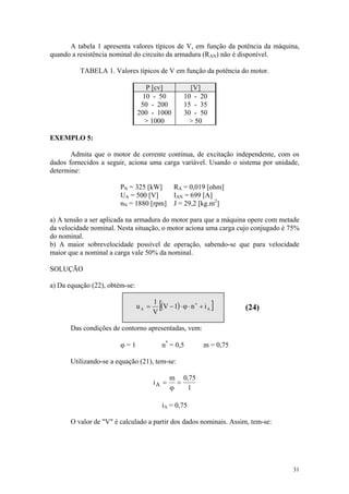 A tabela 1 apresenta valores típicos de V, em função da potência da máquina,
quando a resistência nominal do circuito da armadura (RAN) não é disponível.

          TABELA 1. Valores típicos de V em função da potência do motor.

                                  P [cv]              [V]
                                 10 - 50            10 - 20
                                 50 - 200           15 - 35
                                200 - 1000          30 - 50
                                  > 1000              > 50

EXEMPLO 5:

       Admita que o motor de corrente contínua, de excitação independente, com os
dados fornecidos a seguir, aciona uma carga variável. Usando o sistema por unidade,
determine:

                        PN = 325 [kW]            RA = 0,019 [ohm]
                        UA = 500 [V]             IAN = 699 [A]
                        nN = 1880 [rpm]          J = 29,2 [kg.m2]

a) A tensão a ser aplicada na armadura do motor para que a máquina opere com metade
da velocidade nominal. Nesta situação, o motor aciona uma carga cujo conjugado é 75%
do nominal.
b) A maior sobrevelocidade possível de operação, sabendo-se que para velocidade
maior que a nominal a carga vale 50% da nominal.

SOLUÇÃO

a) Da equação (22), obtém-se:

                                uA =
                                       1
                                       V
                                         [
                                         (V − 1) ⋅ ϕ ⋅ n ∗ + i A   ]    (24)

       Das condições de contorno apresentadas, vem:

                        ϕ=1                  n* = 0,5        m = 0,75

       Utilizando-se a equação (21), tem-se:

                                               m 0,75
                                       iA =      =
                                               ϕ   1

                                             iA = 0,75

       O valor de "V" é calculado a partir dos dados nominais. Assim, tem-se:




                                                                                 31
 