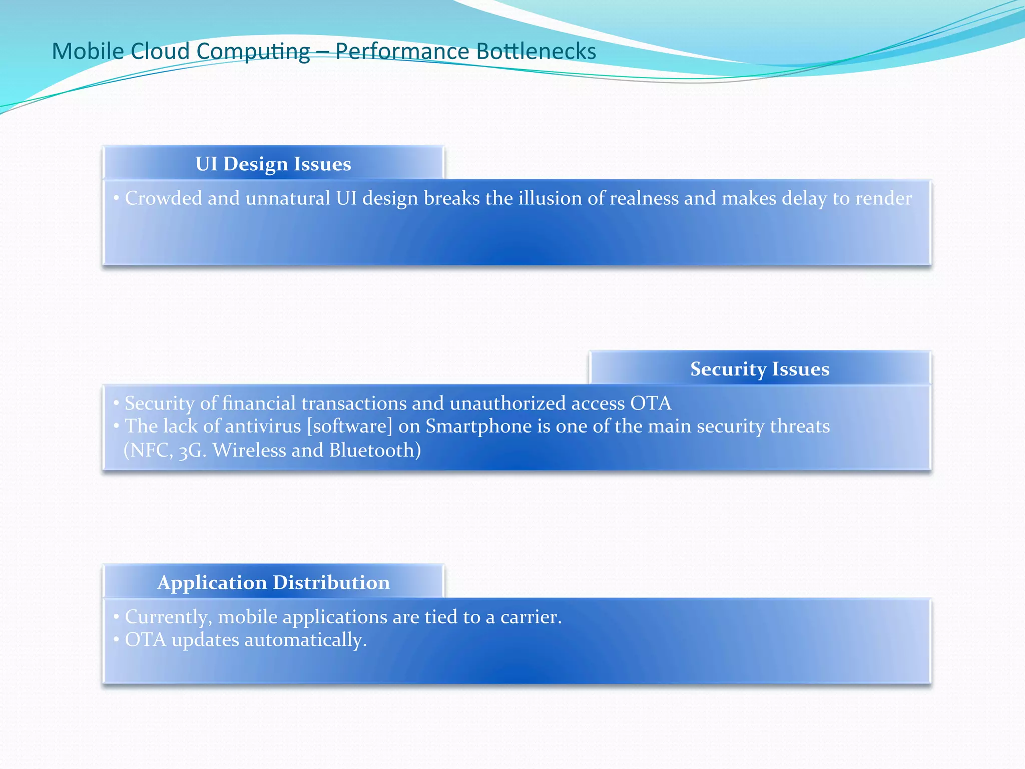 Mobile	
  Cloud	
  Compu.ng	
  –	
  Performance	
  BoBlenecks	
  
UI	
  Design	
  Issues	
  
• 	
  Crowded	
  and	
  unnatural	
  UI	
  design	
  breaks	
  the	
  illusion	
  of	
  realness	
  and	
  makes	
  delay	
  to	
  render	
  
Application	
  Distribution	
  
• 	
  Currently,	
  mobile	
  applications	
  are	
  tied	
  to	
  a	
  carrier.	
  
• 	
  OTA	
  updates	
  automatically.	
  
Security	
  Issues	
  
• 	
  Security	
  of	
  ﬁnancial	
  transactions	
  and	
  unauthorized	
  access	
  OTA	
  
• 	
  The	
  lack	
  of	
  antivirus	
  [software]	
  on	
  Smartphone	
  is	
  one	
  of	
  the	
  main	
  security	
  threats	
  	
  
	
  	
  (NFC,	
  3G.	
  Wireless	
  and	
  Bluetooth)	
  
 
