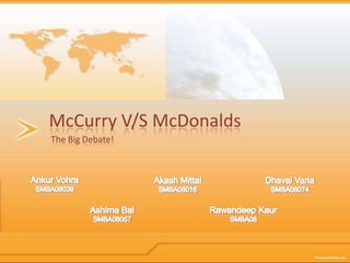 McCurry V/S McDonalds The Big Debate! AnkurVohra SMBA08039 Akash Mittal SMBA08016 DhavalVaria SMBA08074 RawandeepKaur SMBA08 Ashima Bal SMBA08057 