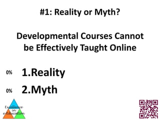 #1: Reality or Myth?

     Developmental Courses Cannot
      be Effectively Taught Online

0%    1.Reality
0%    2.Myth
 
