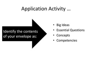 Application Activity …

                        •   Big Ideas
Identify the contents   •   Essential Questions
of your envelope as:    •   Concepts
                        •   Competencies
 