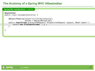 The Anatomy of a Spring MVC @Controller
Spring MVC configuration - config

 @Controller
 public class CustomerController {

     @RequestMapping(value=”/url/of/my/resource”,
                     method = RequestMethod.GET)
     public InputStream processTheRequest( HttpServletRequest request, Model model) {
         return new FileInputStream( ...) ;
     }

 }




                                                                                        22
 