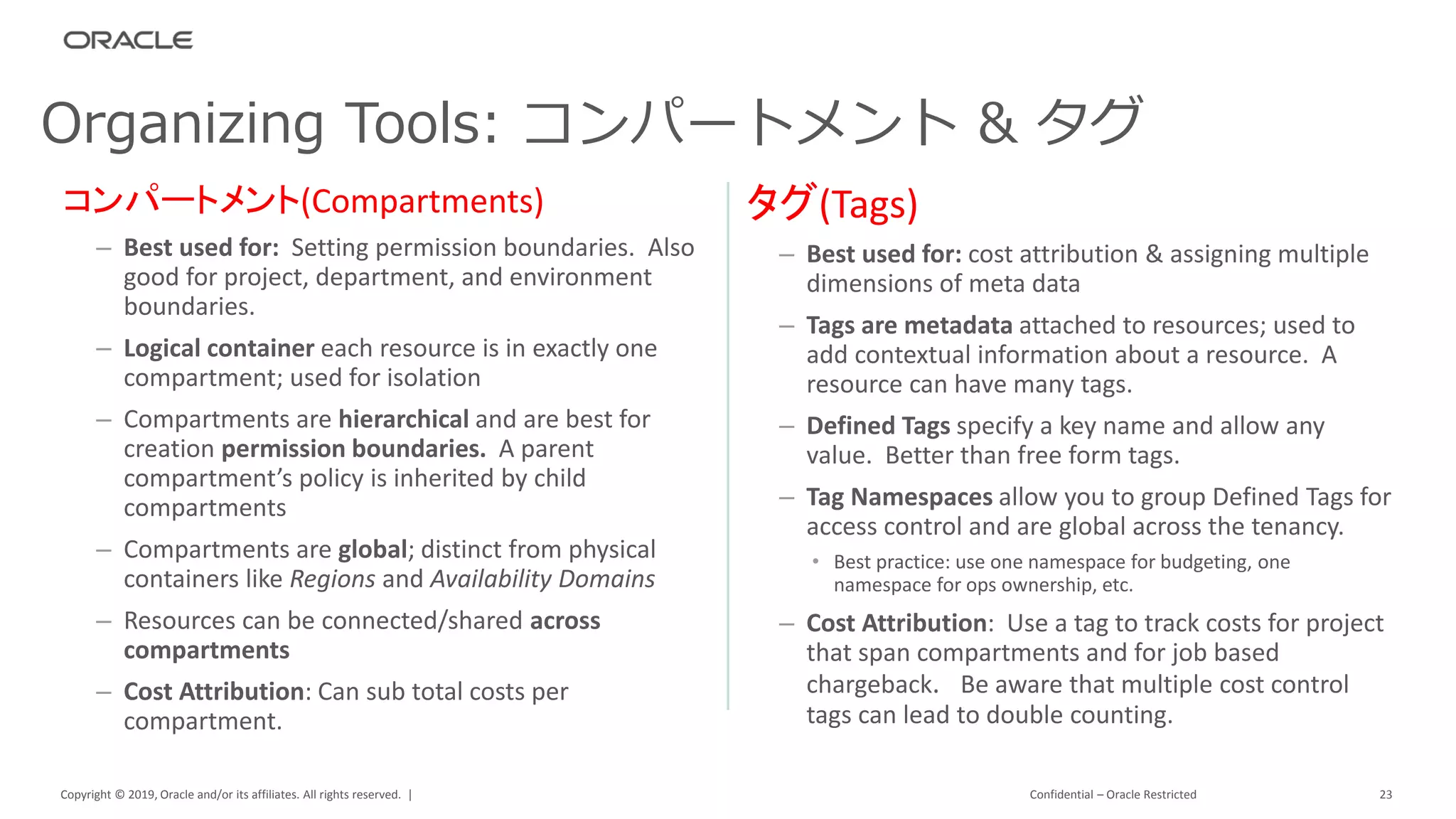Copyright © 2019, Oracle and/or its affiliates. All rights reserved. |
コンパートメント(Compartments)
– Best used for: Setting permission boundaries. Also
good for project, department, and environment
boundaries.
– Logical container each resource is in exactly one
compartment; used for isolation
– Compartments are hierarchical and are best for
creation permission boundaries. A parent
compartment’s policy is inherited by child
compartments
– Compartments are global; distinct from physical
containers like Regions and Availability Domains
– Resources can be connected/shared across
compartments
– Cost Attribution: Can sub total costs per
compartment.
タグ(Tags)
– Best used for: cost attribution & assigning multiple
dimensions of meta data
– Tags are metadata attached to resources; used to
add contextual information about a resource. A
resource can have many tags.
– Defined Tags specify a key name and allow any
value. Better than free form tags.
– Tag Namespaces allow you to group Defined Tags for
access control and are global across the tenancy.
• Best practice: use one namespace for budgeting, one
namespace for ops ownership, etc.
– Cost Attribution: Use a tag to track costs for project
that span compartments and for job based
chargeback. Be aware that multiple cost control
tags can lead to double counting.
Confidential – Oracle Restricted 23
Organizing Tools: コンパートメント & タグ
 