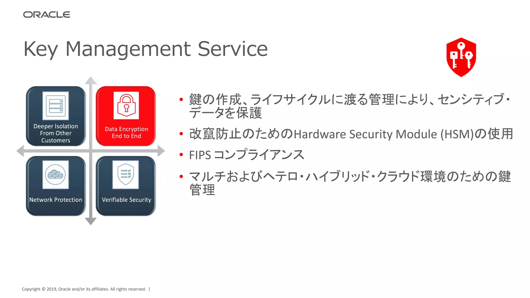 Copyright © 2019, Oracle and/or its affiliates. All rights reserved. |
• 鍵の作成、ライフサイクルに渡る管理により、センシティブ・
データを保護
• 改竄防止のためのHardware Security Module (HSM)の使用
• FIPS コンプライアンス
• マルチおよびヘテロ・ハイブリッド・クラウド環境のための鍵
管理
Key Management Service
 